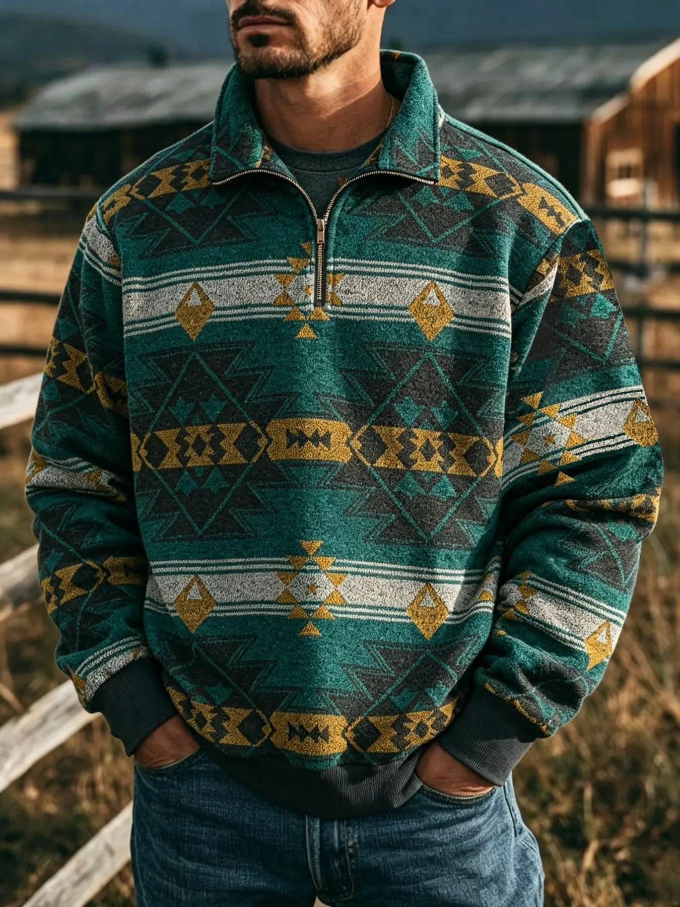Men's Ethnic Pattern Half-Zip Mock Neck Jacket, Loose Casual Long Sleeve Zip Front Outerwear for Winter, Casual Streetwear Jacket, Men's Winter Clothes for Daily Wear, Zippered Jacket, Trendy Casual Fashion