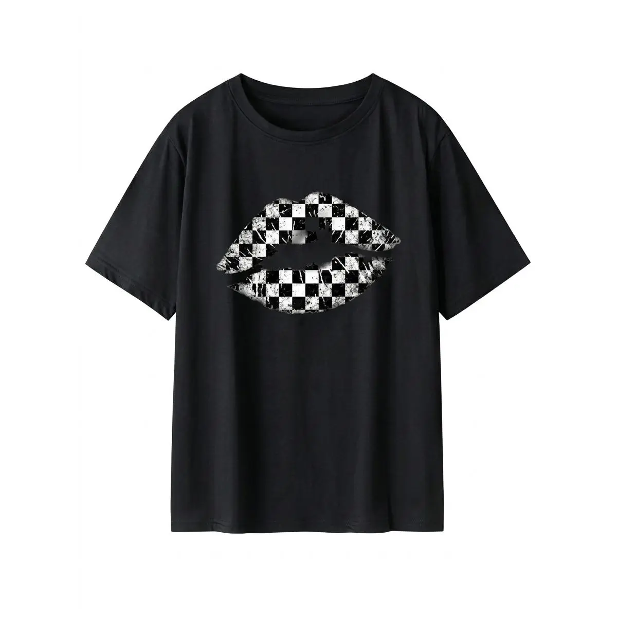 Women's 100% Cotton Graphic T-Shirt - Checkered Lips Graphic Print, Short-Sleeve Round Neck, Relaxed Fit, Breathable, Lightweight, Pull-On Casual Summer Streetwear Sports Top, Shortsleeve, Tshirt, Soft 100% Cotton, Fade‑Resistant Tee
