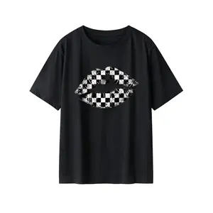 Women's Cotton Short-Sleeve Graphic T-Shirt - Black and White Checkered Lips Print, Round Neck, Soft Breathable, Trending Stylish Tshirt for Casual Summer Sports Streetwear, Women's Clothes Clothing