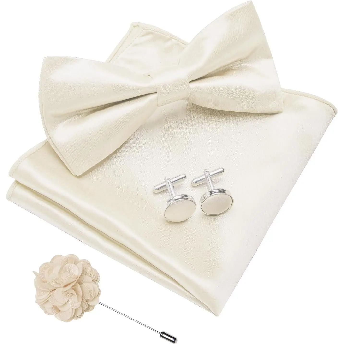 Mens Pre-tied Bow Tie Pocket Square and Cufflinks Set,Beige |   Mens Satin Bow Tie Set 4PCS, Solid Pre-tied Bowtie, Great Gift Box, Wedding Business Formal,Beige