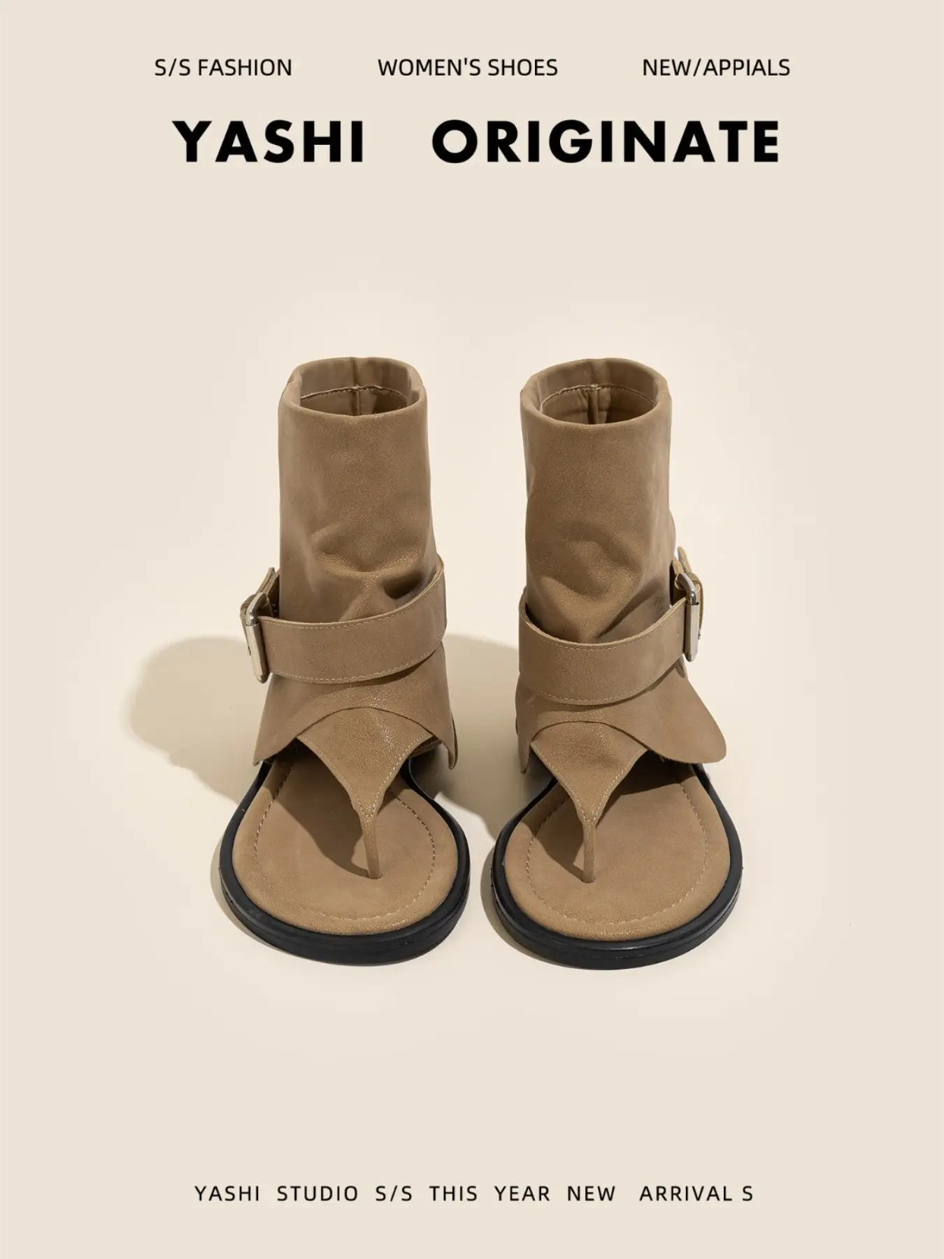 Western Style Buckle Strap Mid-Calf Boots, Casual Pleated Soft Leather Open-Toe Sandals, Height-Boosting Wedge Heels, Comfortable Summer Footwear