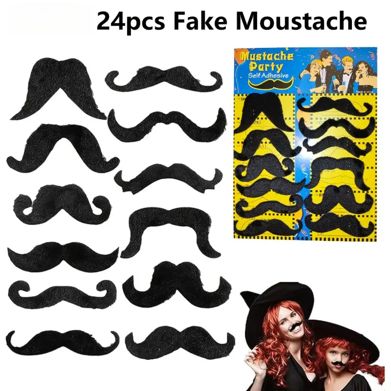 24pcs Self-Adhesive Fake Mustaches, Funny Beards for Halloween, Christmas, Thanksgiving, Reusable Party Props, Costume Accessories