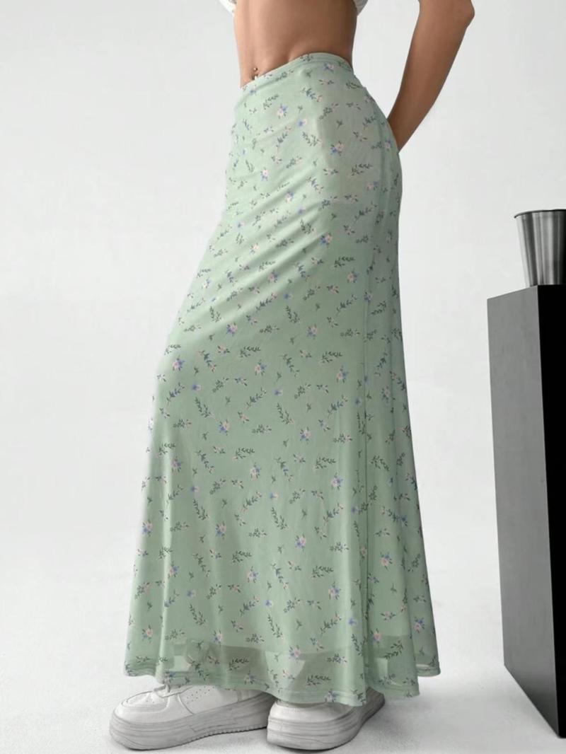 Women's Ditsy Floral Print Fish Tail Hem Skirt, Boho Fashion Long Skirt for Daily Holiday Vacation Wear, Ladies Bottoms for Summer