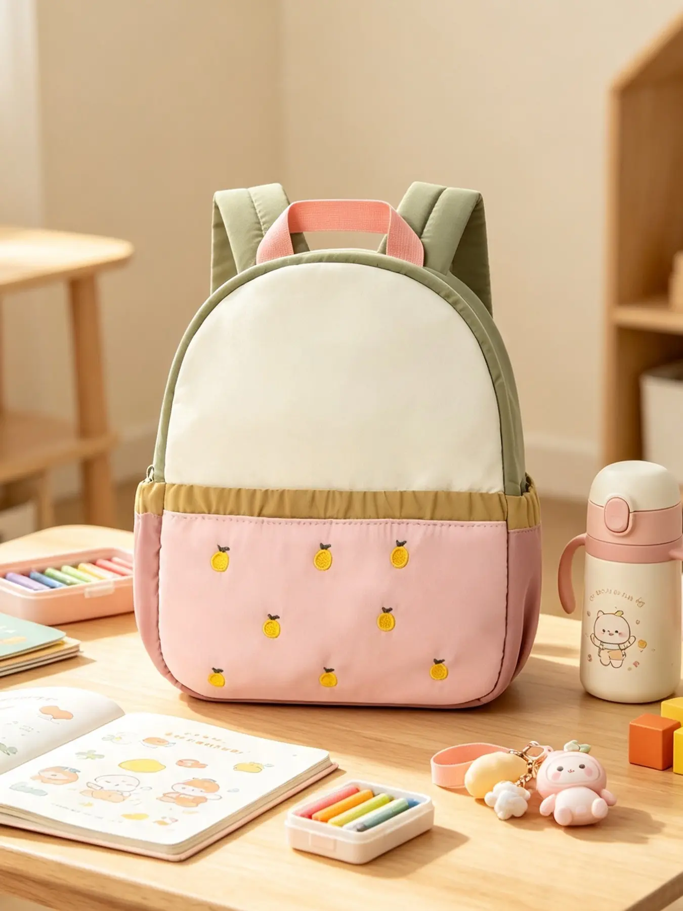 Lemon Pattern Patchwork Embroidered Mini Backpack, Lightweight Waterproof, Block Design, Padded Straps, Casual Small Bag, Ideal for Daily Use