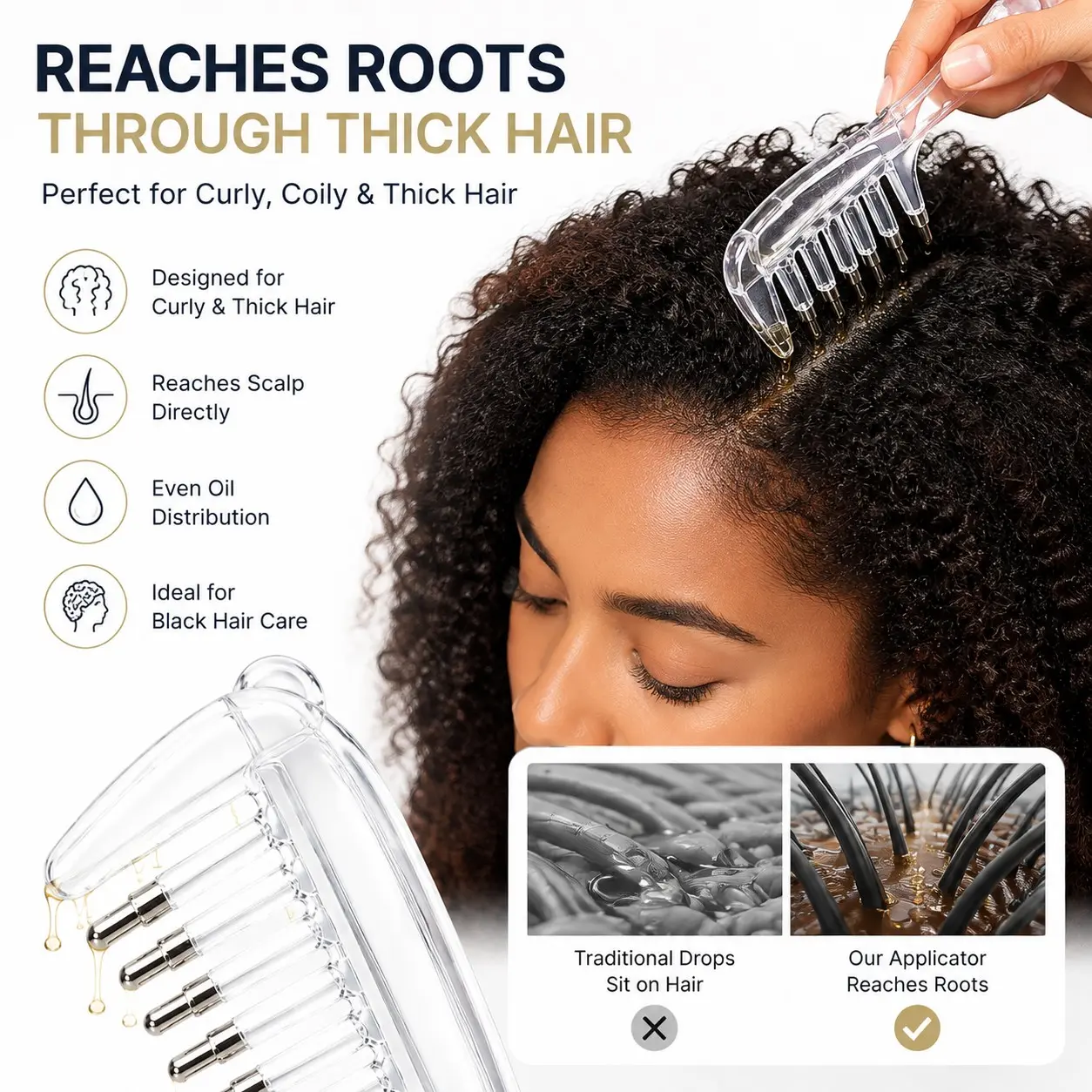 Stop Struggling With Thick Hair Oiling – Scalp Oil Applicator Comb Reaches Roots Easily, Metal Ball Massage Teeth for Even Distribution, Perfect for Curly, Coily and Natural Hair Care