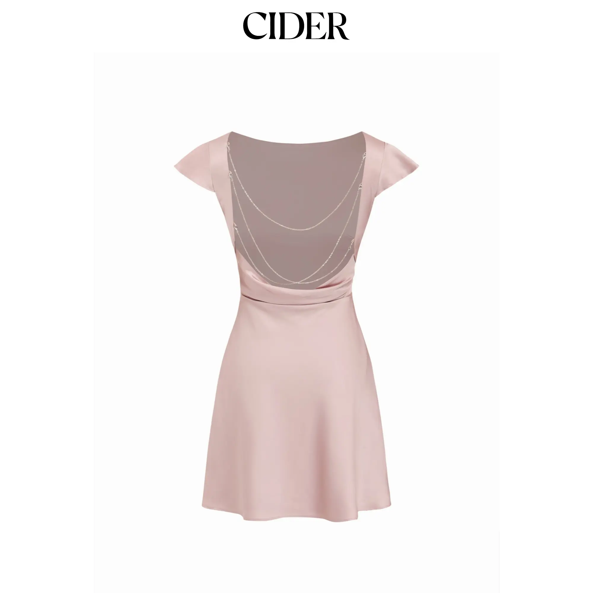 Cider Satin Boat Neck Ruffle Sleeve Backless Mini Dress with Chain SohoChic