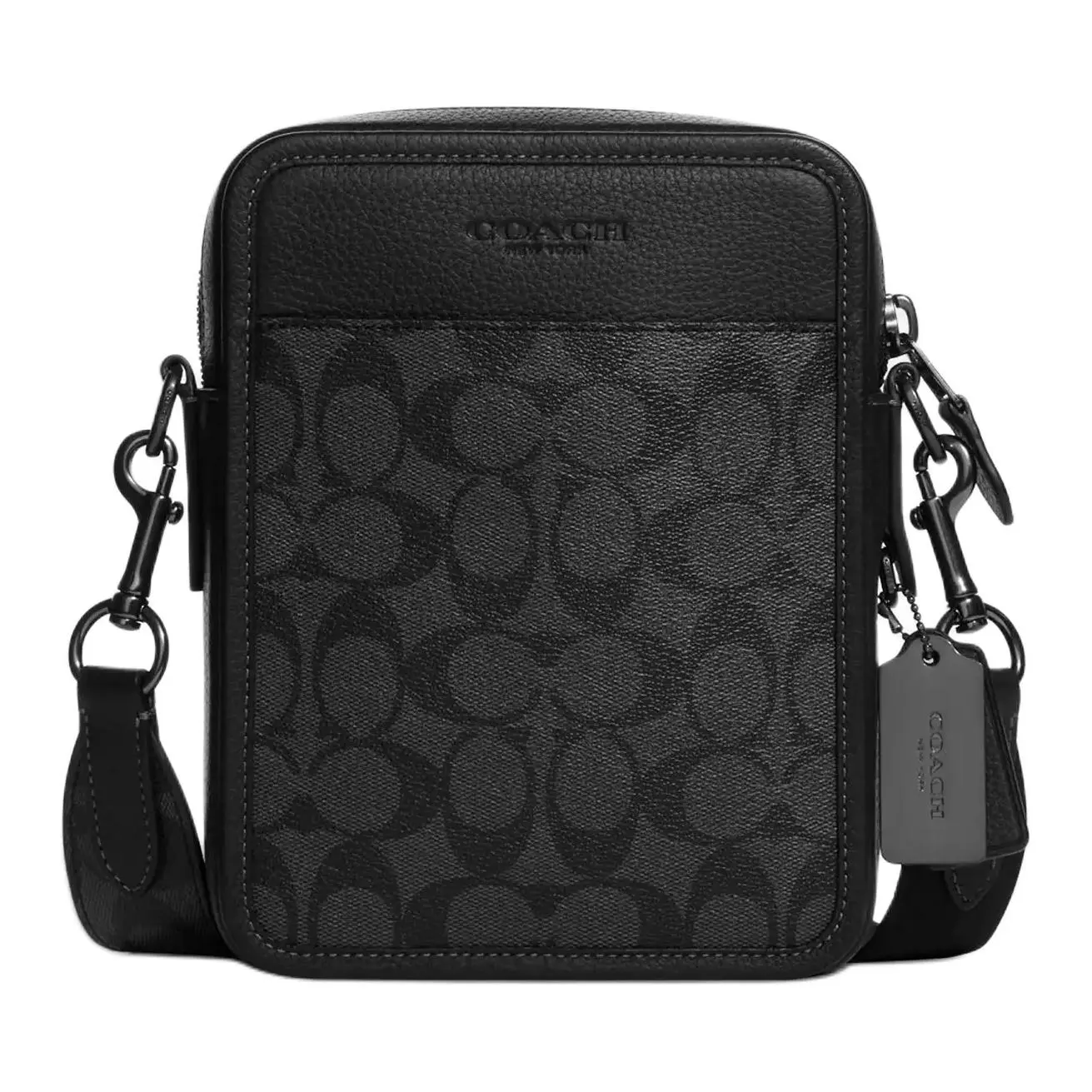COACH Sullivan 17 Classic Monogram Zip-Top Crossbody Bag for Men, Pebbled Leather and Coated Canvas, Small, Black