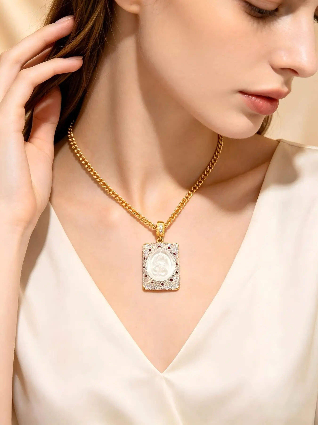 Carved Square Clear Quartz Rose Pendant Necklace