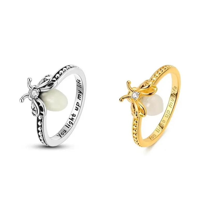Charming bee‑shaped ring with luminous glowing detail. Inner band engraved with heartfelt quote "You light up my life". Silver and gold available, ideal for daily wear and sentimental surprise gifts.promise rings,engagement rings