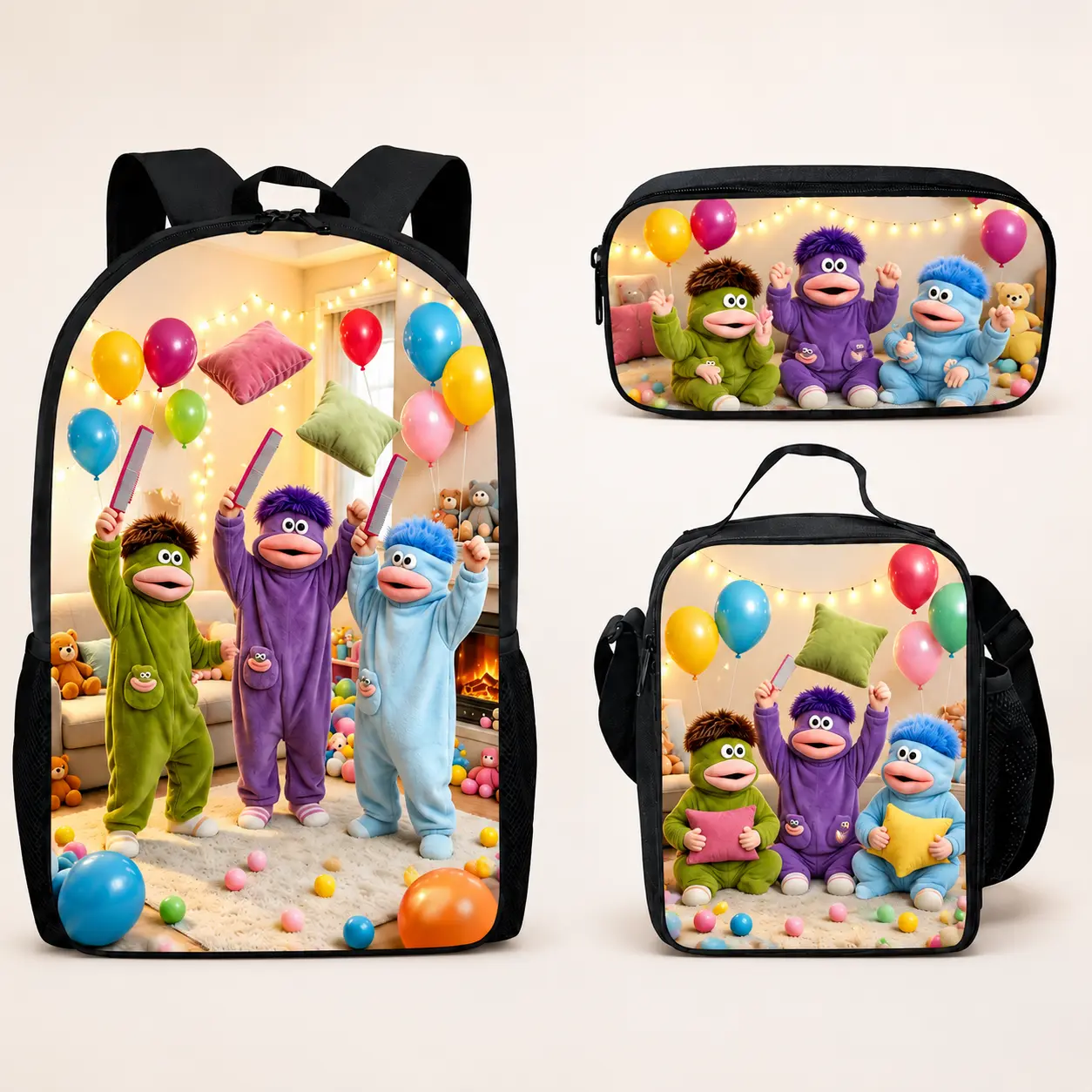 Colorful Puppet Friends Kids Backpack Set, School Bookbag with Lunch Bag and Pencil Case, 3-Piece Back to School Set for Boys and Girls