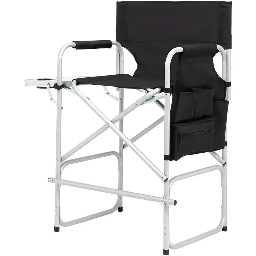 26" Tall Directors Chair Height Seat Folding, Black | Side Table Storage Bag, Support for 300Lbs Portable Makeup Artist Chair with Bar Height