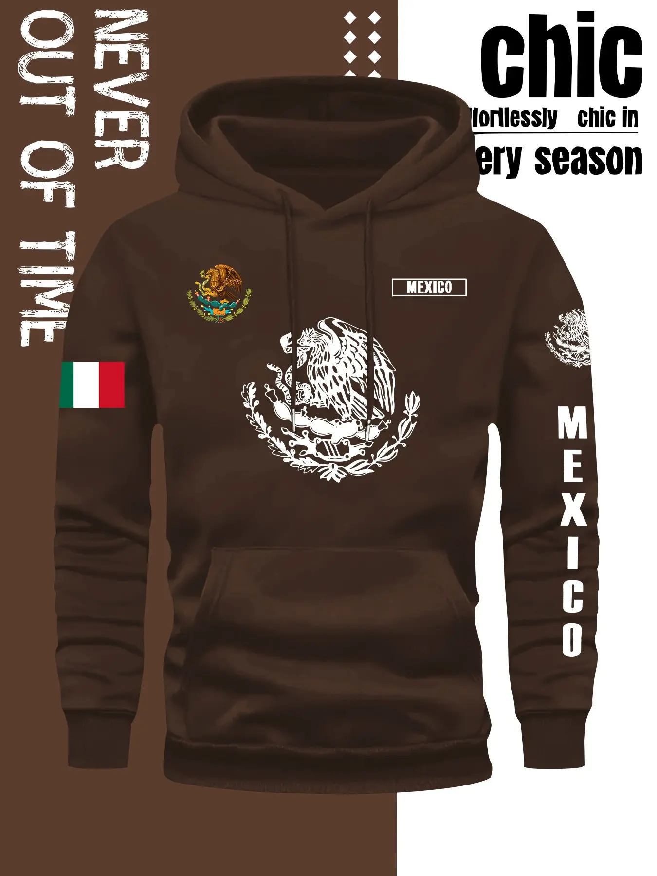 Men's Mexican Coat of Arms Geometric Print Hoodie, Long Sleeve Pullover, Front Pocket, Fall & Winter Streetwear, Comfortable Casual Fashion Sweatshirts, Heavyweight Streetwear Sweatshirts