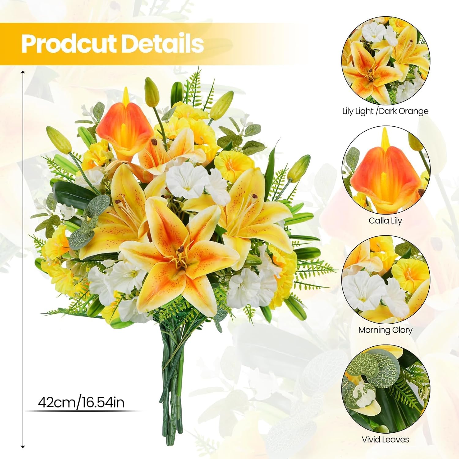 Yellow Flowers Bouquet 11 Stems Artificial Tiger Lilies Mixed Faux Morning Glory Calla Lily; Fake Flowers Spring Decorative Flowers Floral Arrangement for