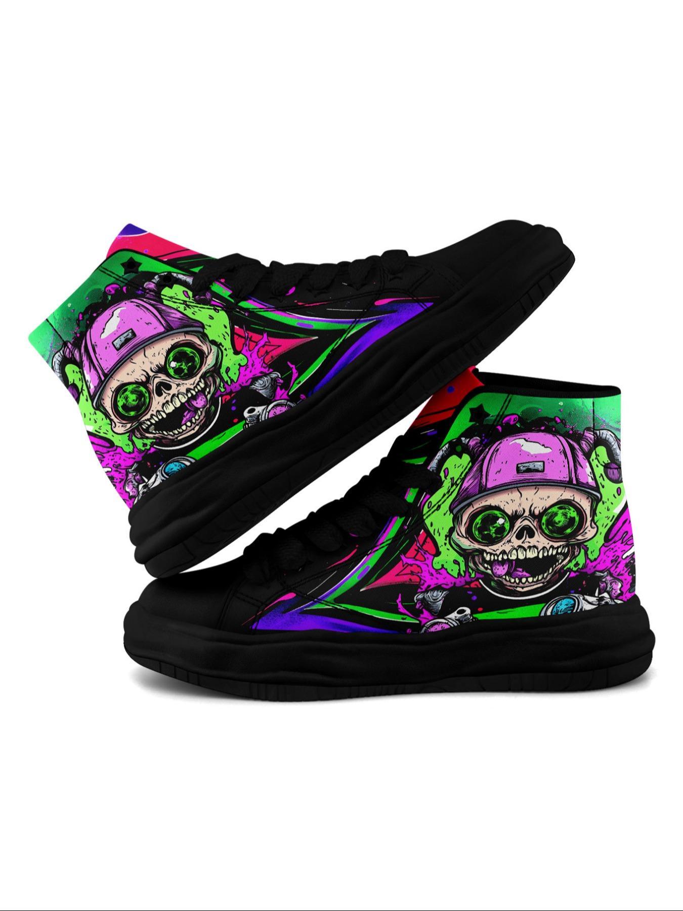 Men's Fashionable Cartoon Print High Top Sneakers, Casual Comfortable Breathable Lace Up Skate Shoes, Male All-match Round Toe Shoes for Daily Wear