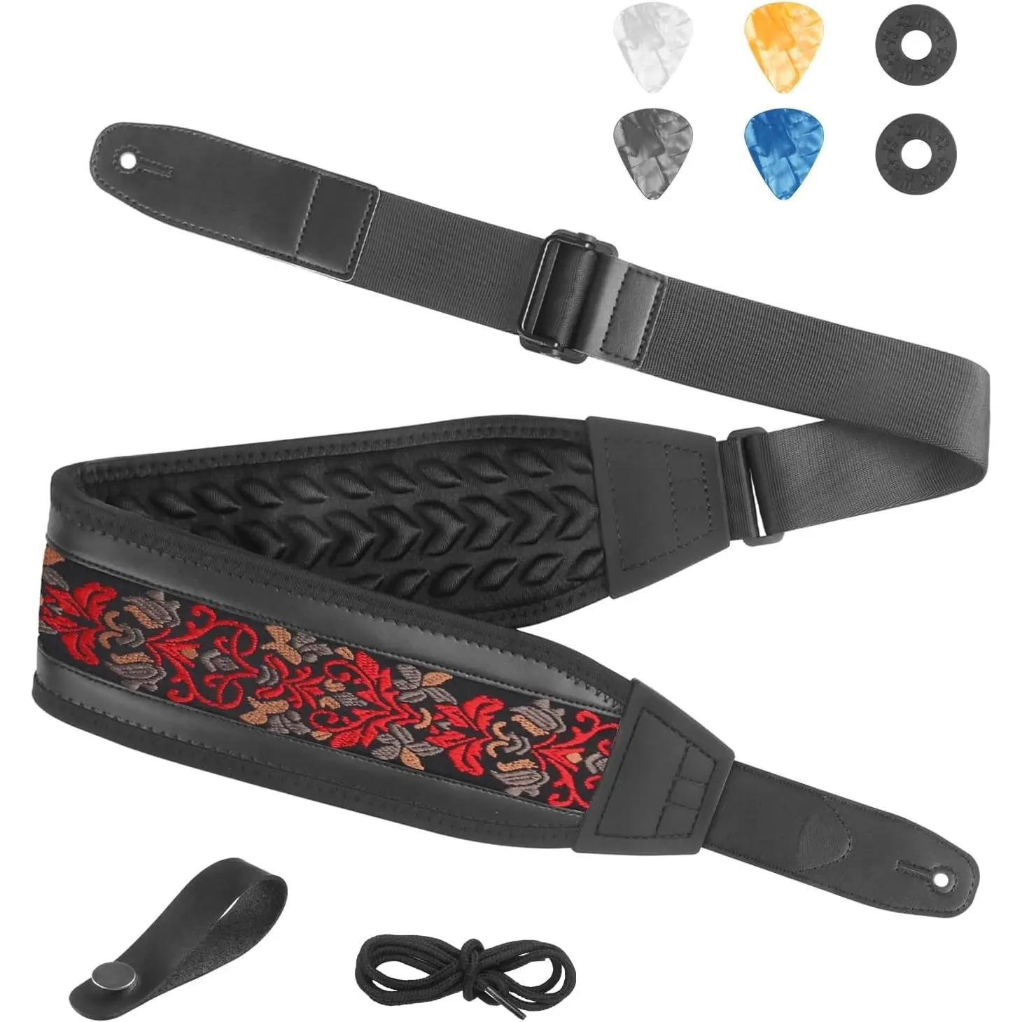 Guitar Strap and Bass Strap, Embroidered Guitar Strap, Adjustable Strap Length, Equipped with  Sponge Filled  Pad, Comes with 4 Picks + 2 Strap Locks,   for Guitar Players,  Red