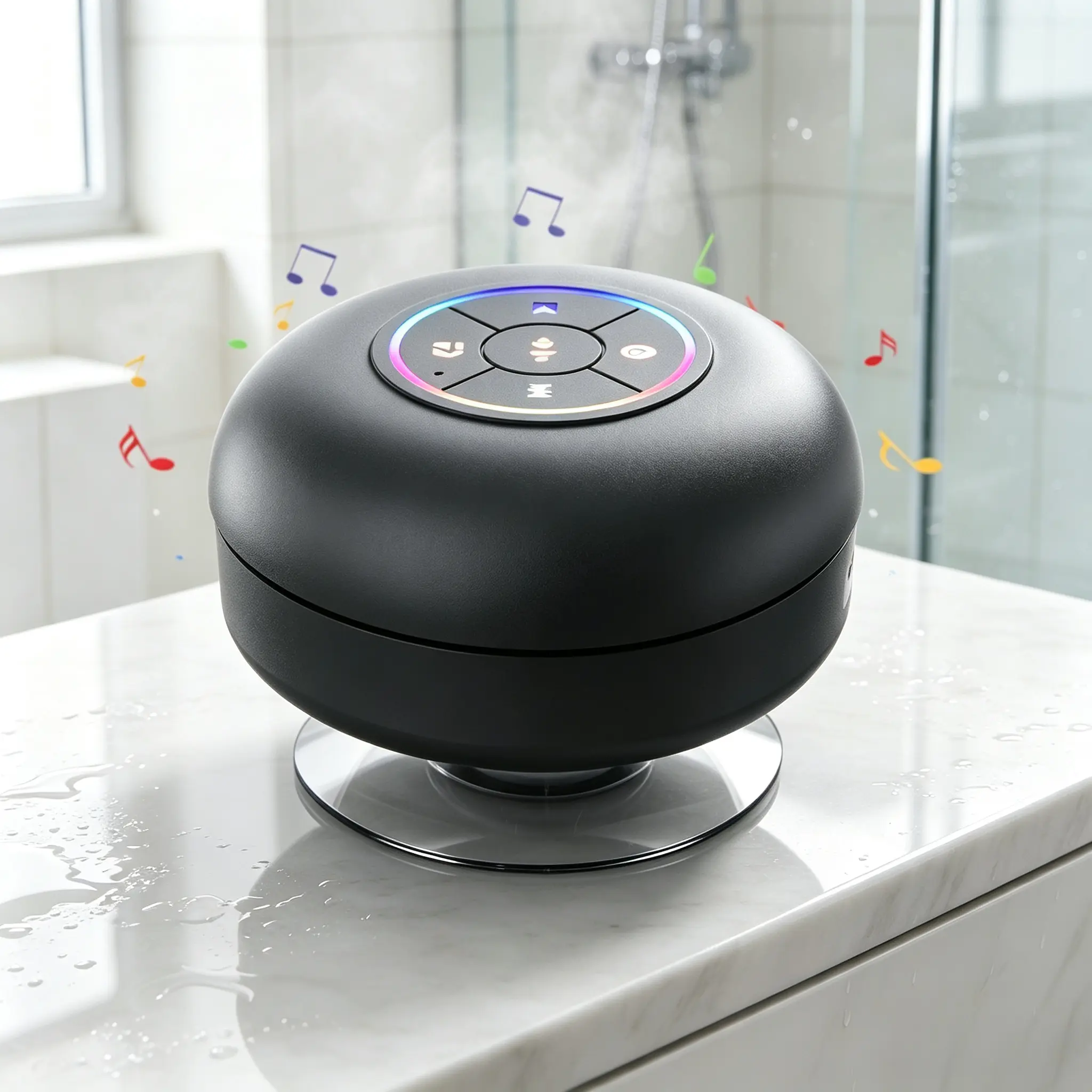 LED‑Light Bluetooth Shower Speaker, IPX4 Waterproof Subwoofer with Built‑In Microphone, Hands‑Free Suction‑Mount Wireless Speaker for Bathroom, Pool, Beach, Car and Outdoor Activities`
