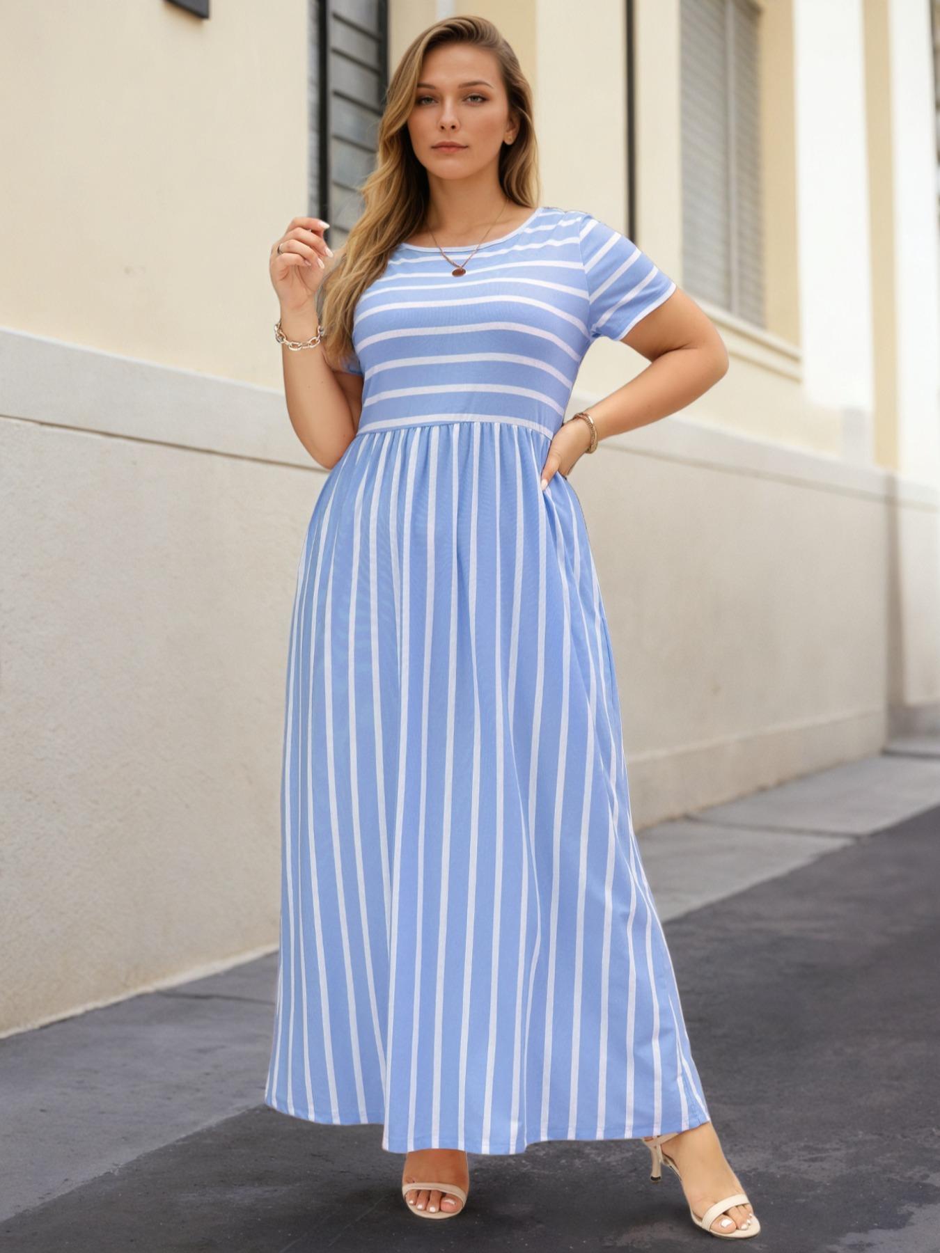 Women's Round Neck Stretchy Casual Long Plus Size Dress, Perfect for Bridesmaids, Vintage Style Wedding & Party Wear, Comfortable Fabric