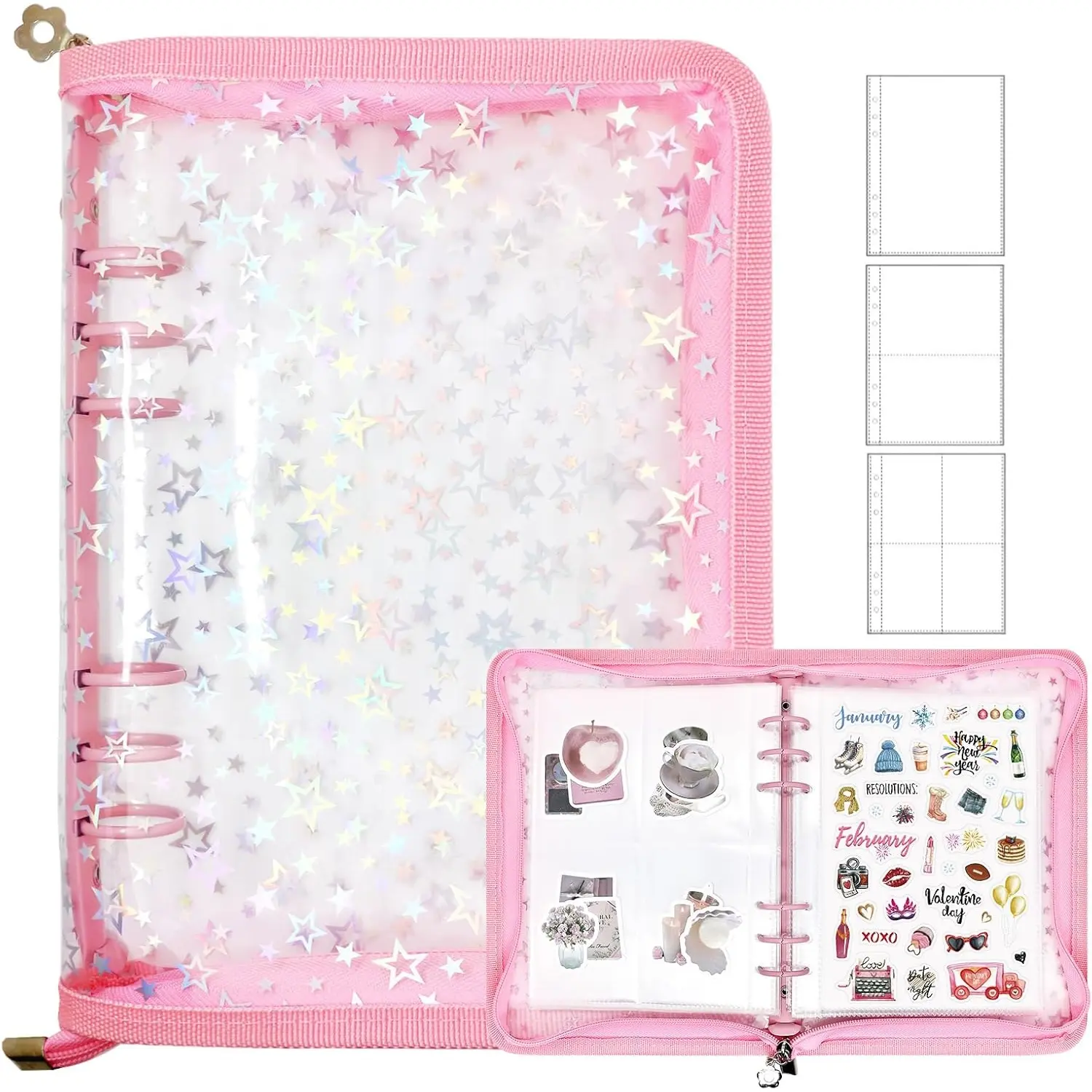 A5 Transparent Glitter Zipper Binder, 3 Detachable Inner Pages, Three Pocket Styles, PVC Waterproof Cover, Ideal for Cards/stickers/DIY Crafts, Card Binders