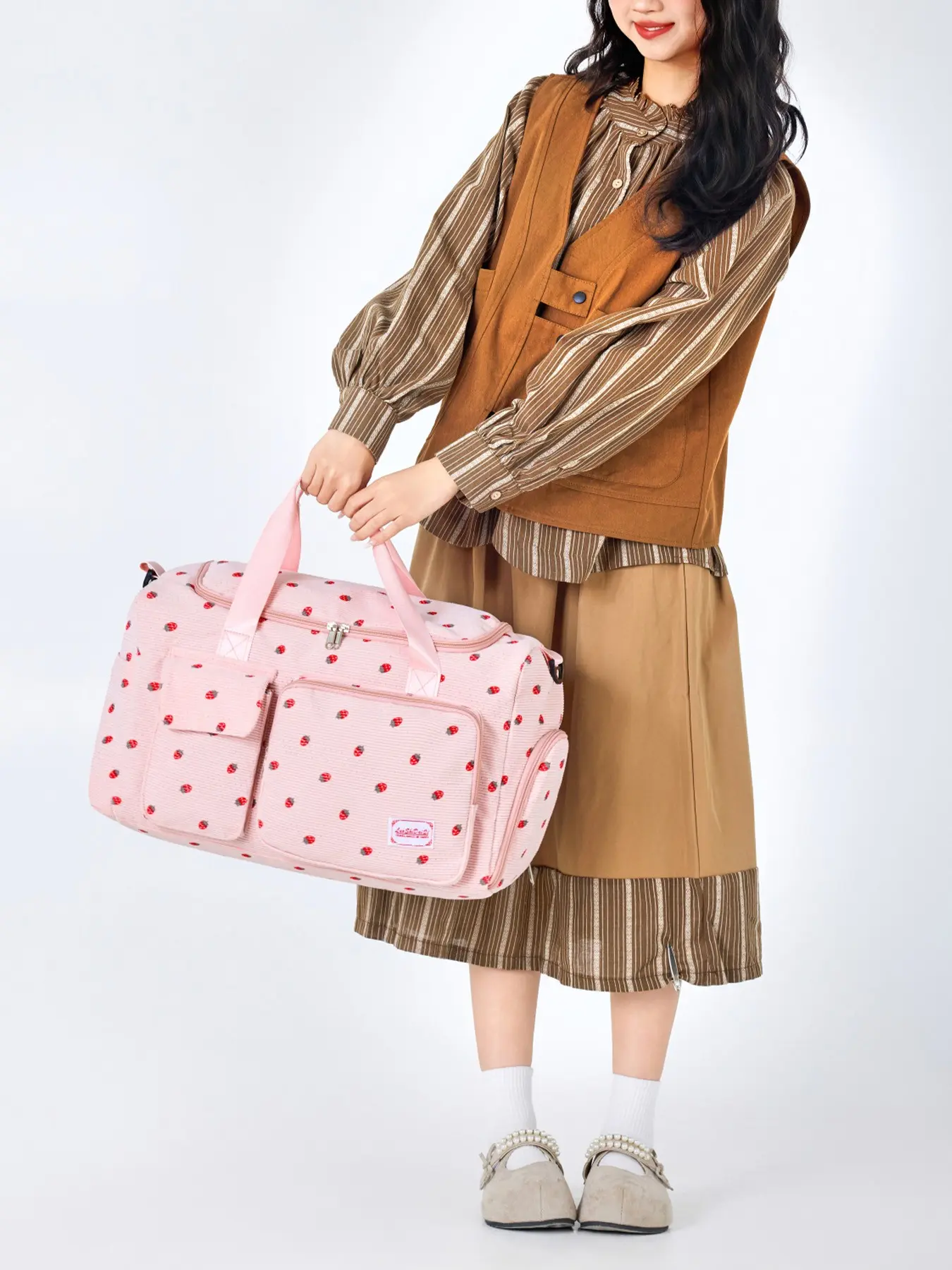 1pc Cream White Base Allover Tiny Red Strawberry Duffle Bag Dual Front Patch Pockets Fabric Label Reinforced Hand Strap Adjustable Crossbody Strap Large Storage Bag For Women Dorm Stay Short Trips
