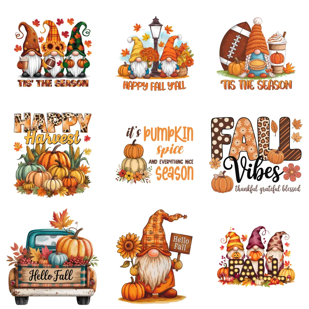 9 Pcs Fall Gnomes Autumn Harvest Pumpkin Spice Hello Fall Fall Vibes Tis Season Happy Harvest It’s Pumpkin Thankful Grateful Truck Pumpkins Iron on Transfers Press Washable Stickers casual style. Iron on Decals for T Shirts Hoodie