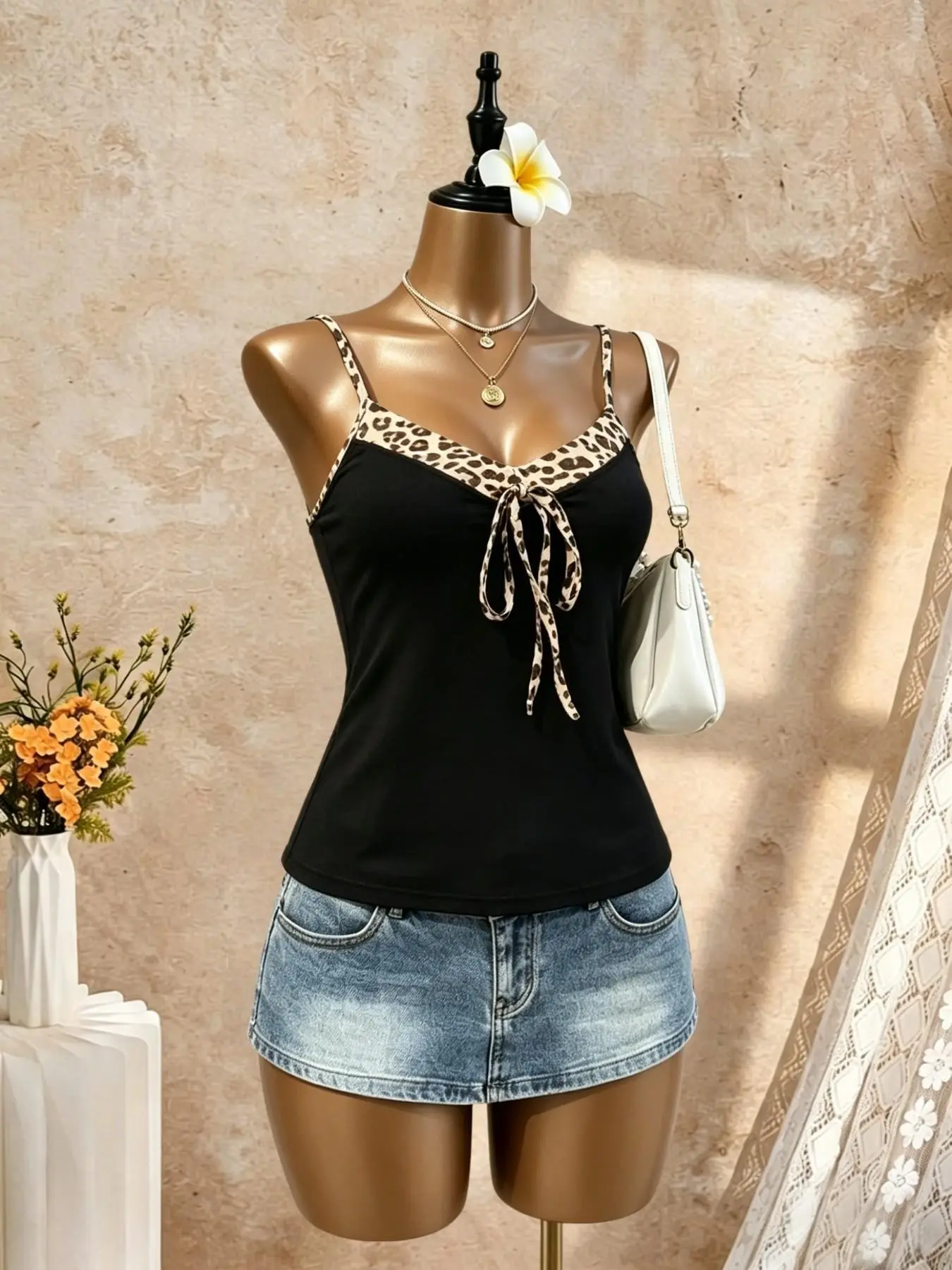 Sweet Cool Leopard Print Halter Top, Summer Slimming Pure Desire Style, Versatile Women's Clothing, Adjustable Straps, Sexy Design