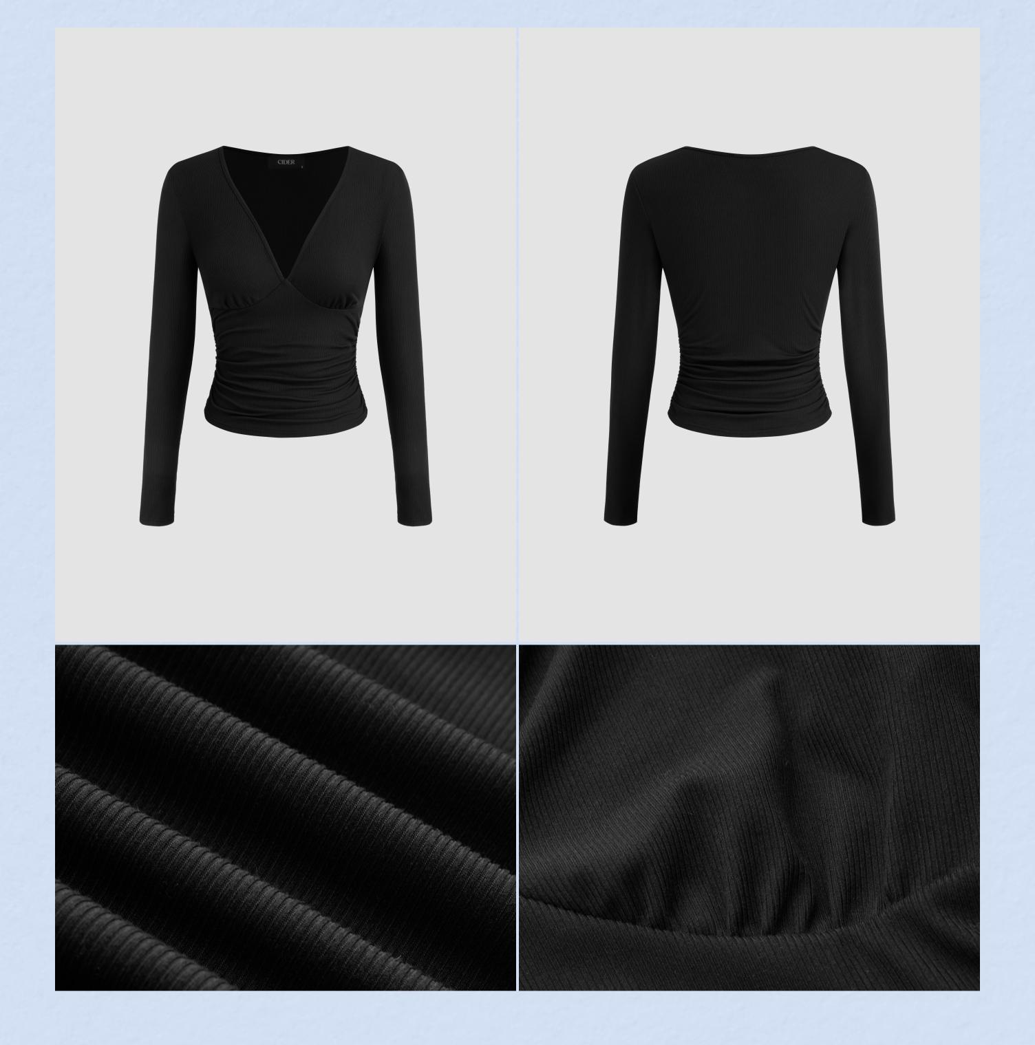 Cider [2 colors, size 2-10] V-neck Solid Ruched Long Sleeve Tee