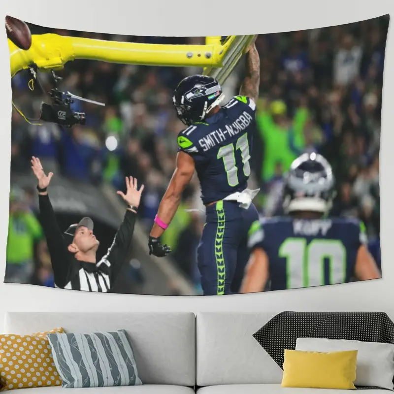Generic Football Touchdown Celebration Tapestry 5ft x 3ft 60in x 40in, Stadium Action Wall Hanging Tapestry for Bedroom Dorm Living Room Game Room Sports Room, Navy Green Athletic Home Decor Wall Art, Peach Skin Fabric