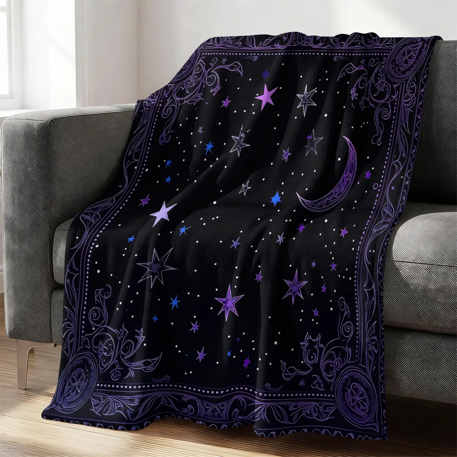 Vintage Star Moon Flannel Blanket, Ultra Soft Warm All Season Throw Blanket, Machine Washable Cozy Blanket, Versatile Gift Blanket for Couch Bed Travel Teen Adult Home Use, Stylish Decorative Blanket, Decorative Sofa Blanket