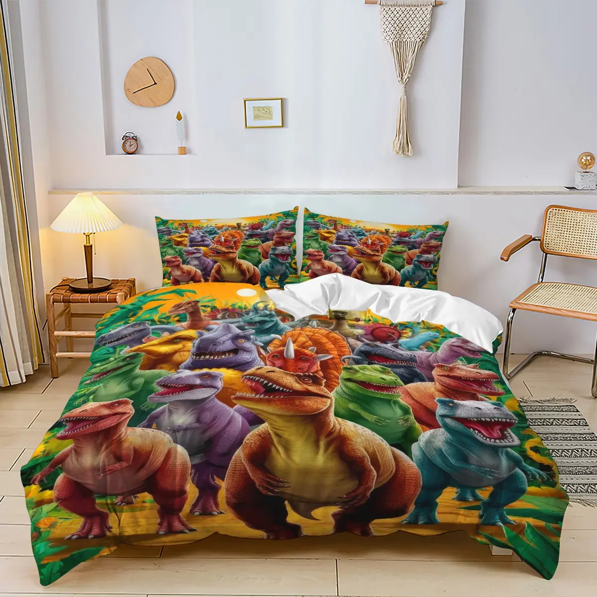 Cartoon Dinosaur Tropical Jungle Duvet Cover Set, 2/3pcs No Filling – Print Bedding Set, Great for Boys Gaming Play Room, Toddler Adventure Hangout Space, Apartment, Dinosaur Jungle Kids Content‑Shooting Background