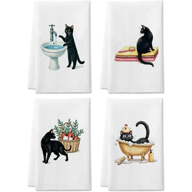 Set of 4 Funny Black Cat Themed Towels 16x24 Inch, Waffle Fabric Kitchen Bathroom Hand Towel, Cat Lover Gift, Cute Cartoon Pet Decor Absorbent Dish Cloth