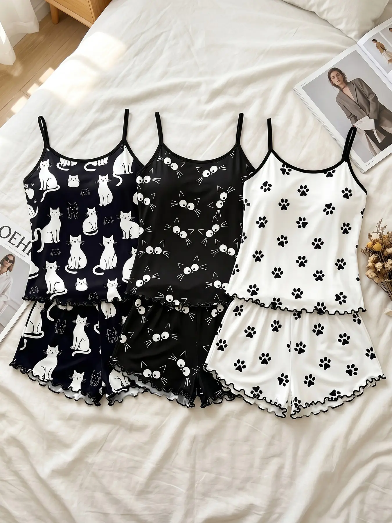 Women 3‑Pack Cami Top And Shorts Pajama Set, Wearable For All Seasons, Cute cat and paw‑print graphic, ruffle hem shorts, pet‑aesthetic loungewear for picture‑book reading and cozy bedroom relaxation