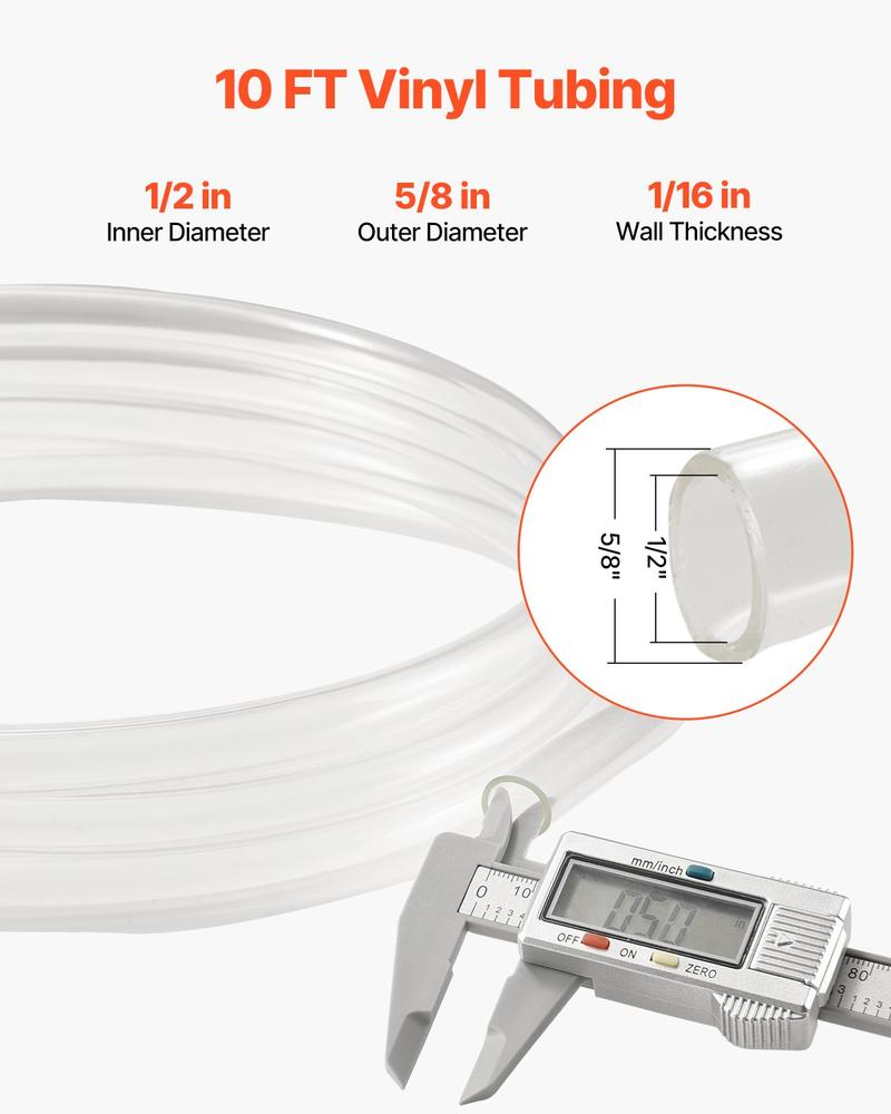 VEVOR Clear Vinyl Tubing, 1/2" ID x 5/8" OD, 10FT Plastic PVC Tubing, Flexible and Cuttable Clear Hose, 1/16 in Wall Thickness, High-strength PVC Material for Aquarium Irrigation Swimming Pool Lab