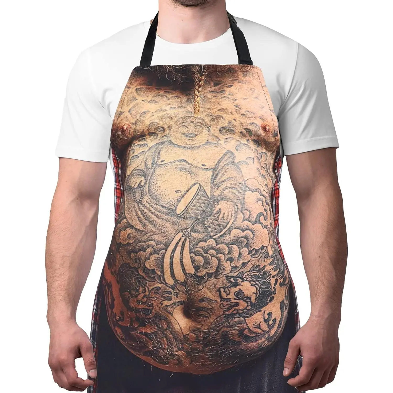 Ergonomic Waterproof BBQ Tattoo Belly Apron for Men, Women & Girls - Comfortable, Adjustable Strap, 1 Size Fit, Funny Top Day Clothes for Christmas White Elephant Grilling Cooking Gag Gift (White)