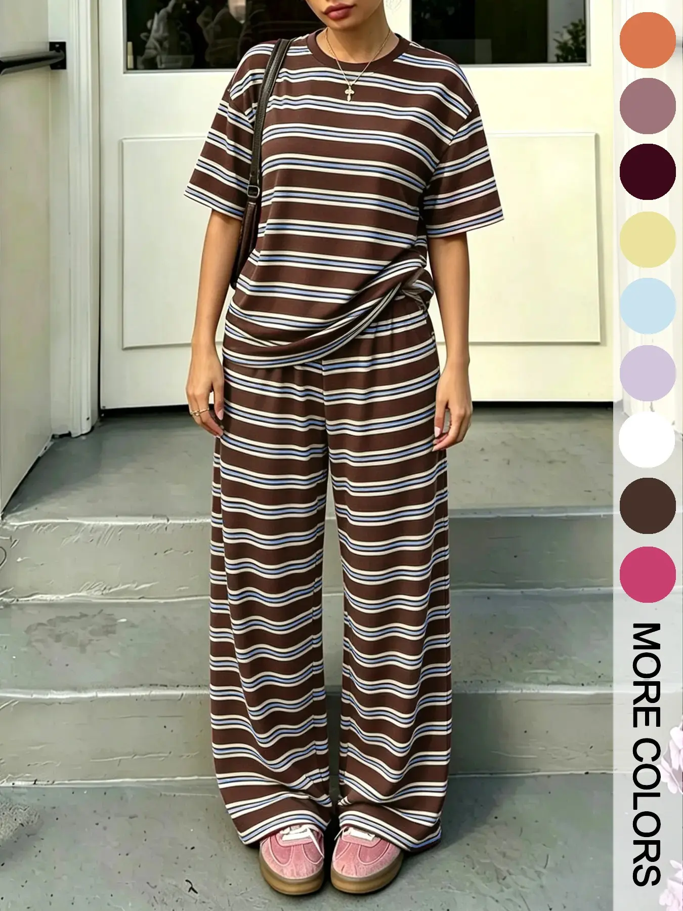 Womens Two Piece Outfits Multi Color Stripe Short Sleeve T Shirt Wide Leg Pants American Casual Preppy Style College Girls Daily Wear Street Outing Back To School Loungewear Fashion Apparel