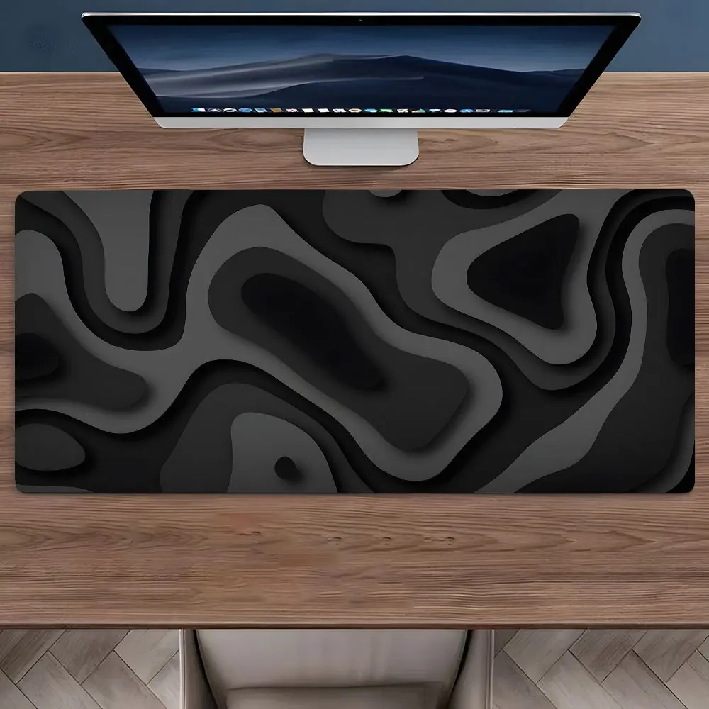 Black Topographic Lines Large-Sized Gaming Mouse Pad, Gaming Desk Accessory, Extended XXL Keyboard Desk Mat, Non-Slip Rubber Base With Stitched Edges, For E-Sport Gamers And Office Workers, Ideal For Gaming Room, Workspace, Office Desk Supplies