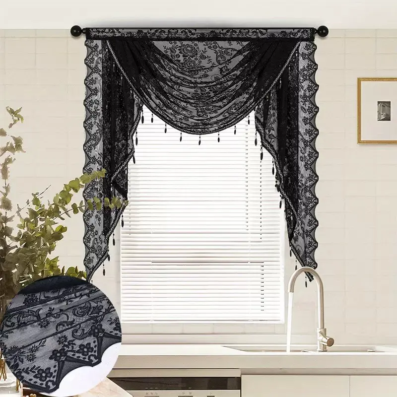 1pc Gothic Dark Bedroom Window Home Decoration Curtain, Mesh with Vintage Rose Lace, Wave Trim and Bead Pendant, No Drilling Installation, Retro Atmosphere