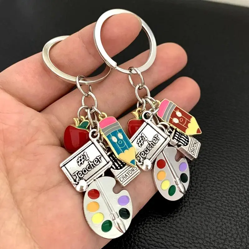 Teacher Gift Enamel Apple Keychain, Cute School Supplies Bag Charm, Pencil Ruler Crayon Keychain for Women Men, Backpack Purse Charm, Back to School Classroom Accessory