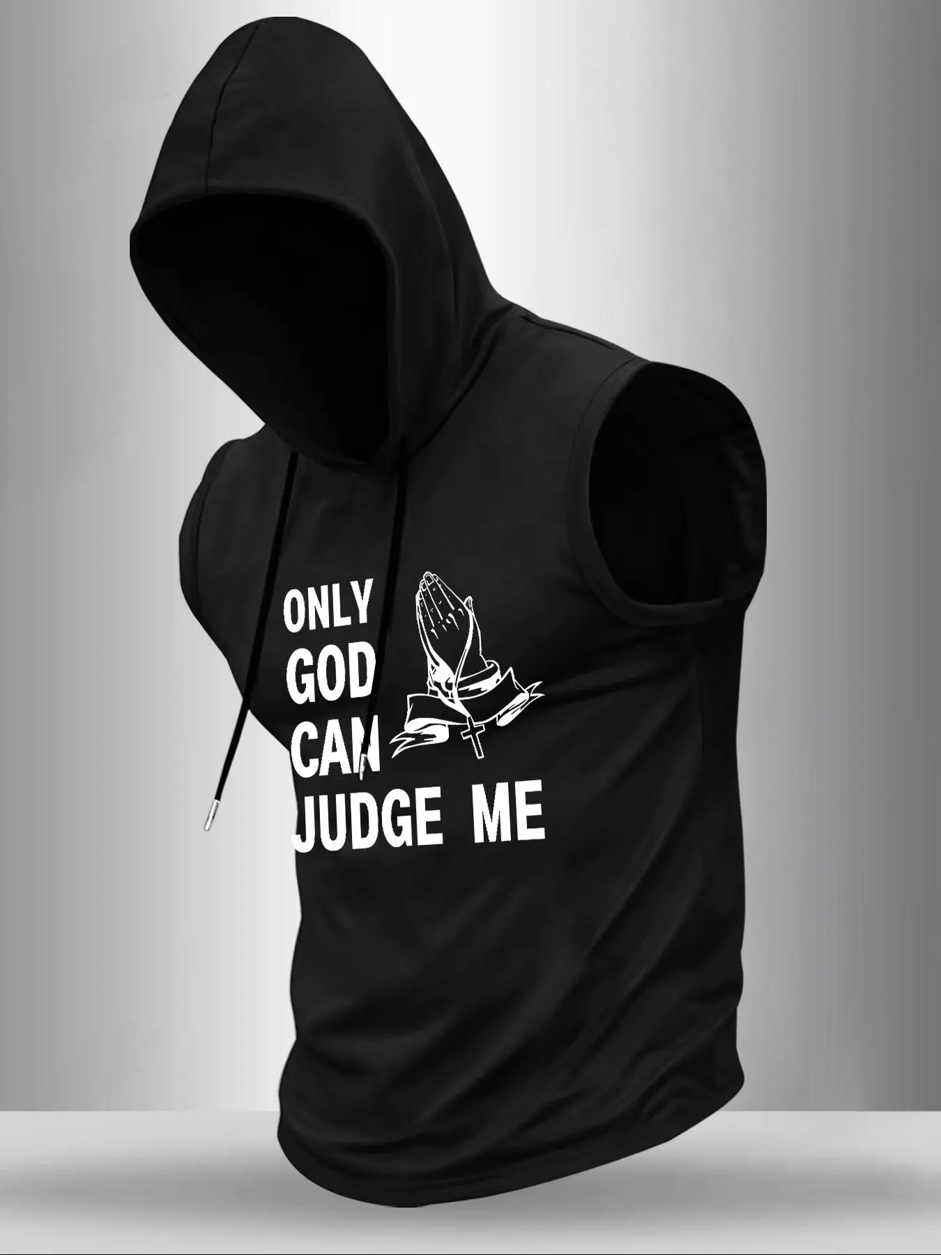 Men Sleeveless Drawstring Hooded Tank Top Only God Can Judge Me Praying Hands Cross Graphic Print Casual Gym Workout Faith Streetwear Lightweight Hoodie Tank For Daily Urban Outfits#SleevelessHoodie #OnlyGodCanJudgeMev#FypShop #TrendingMenswear