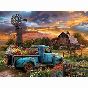 5D Diamond Painting Kit, Vintage Blue Pickup Truck Barn Windmill Sunset Country Farm Scenery Pattern, High Quality Full Round & Square Drill Rhinestone Mosaic Cross Stitch, Craft DIY Handmade Wall Art Home Decor Gift