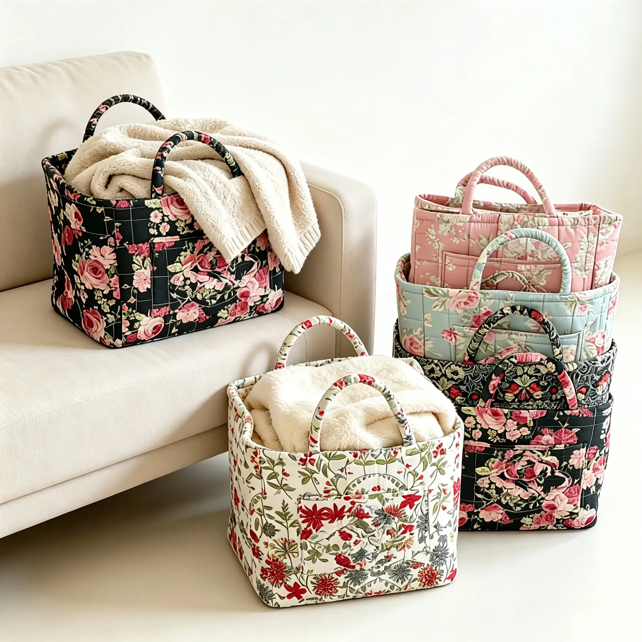 Quilted Floral Storage Basket, Large Fabric Storage Bin with Handles, Portable Decorative Organizer Basket for Nursery, Bedroom & Living Room, Pink Peony