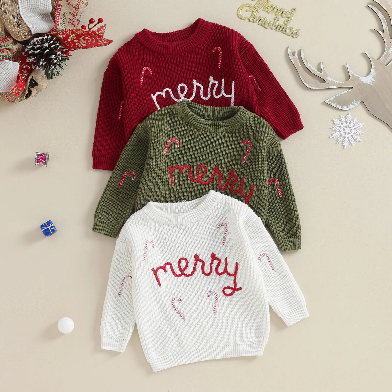 Baby Boy Girl Christmas Sweater Long Sleeve Crew Neck Pullover Fall Knit Tops | Merry Christmas Long Sleeve Embroidery Sweater 0-3Y