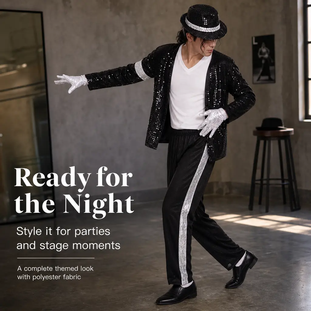 Adult Men Classic Dancer Cosplay Costume Set, Black Sequin Jacket Striped Pants Hat Gloves Outfit, Retro Pop Star Stage Performance Costume for Halloween Party Aesthetics Breathable Clothes Dress