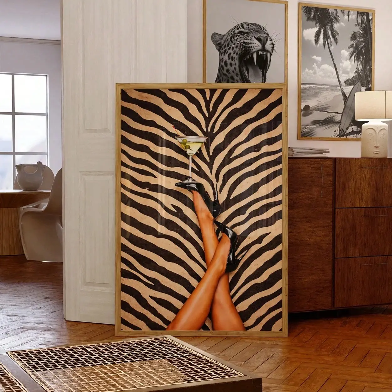 1pc Trendy Zebra Print High Heels Canvas Poster, Creative Martini Glass Wall Art Print, Aesthetic High Heel Shoes Painting for Girls Bedroom, Apartment Living Room, College Dorm Room Decor, Graphic Prints, Unframed