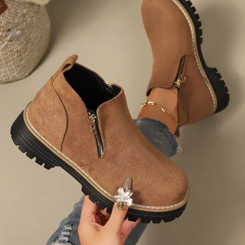 Women's Fashion Short Boots, Comfortable Thick Sole Snow Boots, Casual Zipper Design, PU Leather, Spring & Fall, Above Ankle