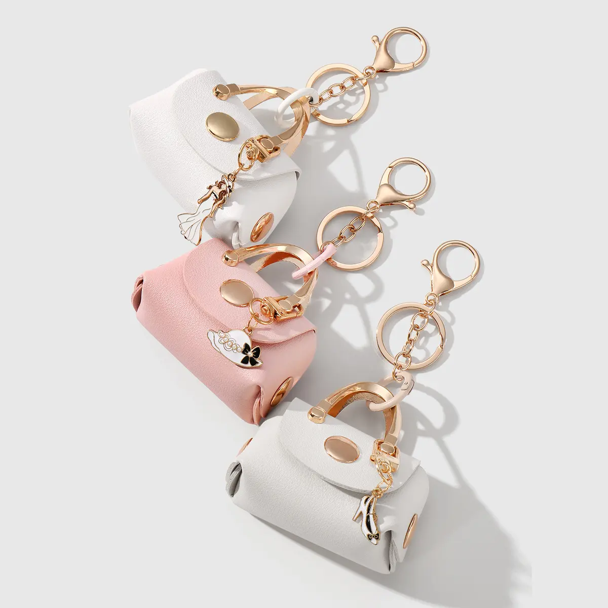 Mini PU Leather Handbag Charm with Metal Charms - Snap Closure Tiny Coin Purse Keychain, Sweet Look Wireless Earbud Storage Pouch, Purse Shape
