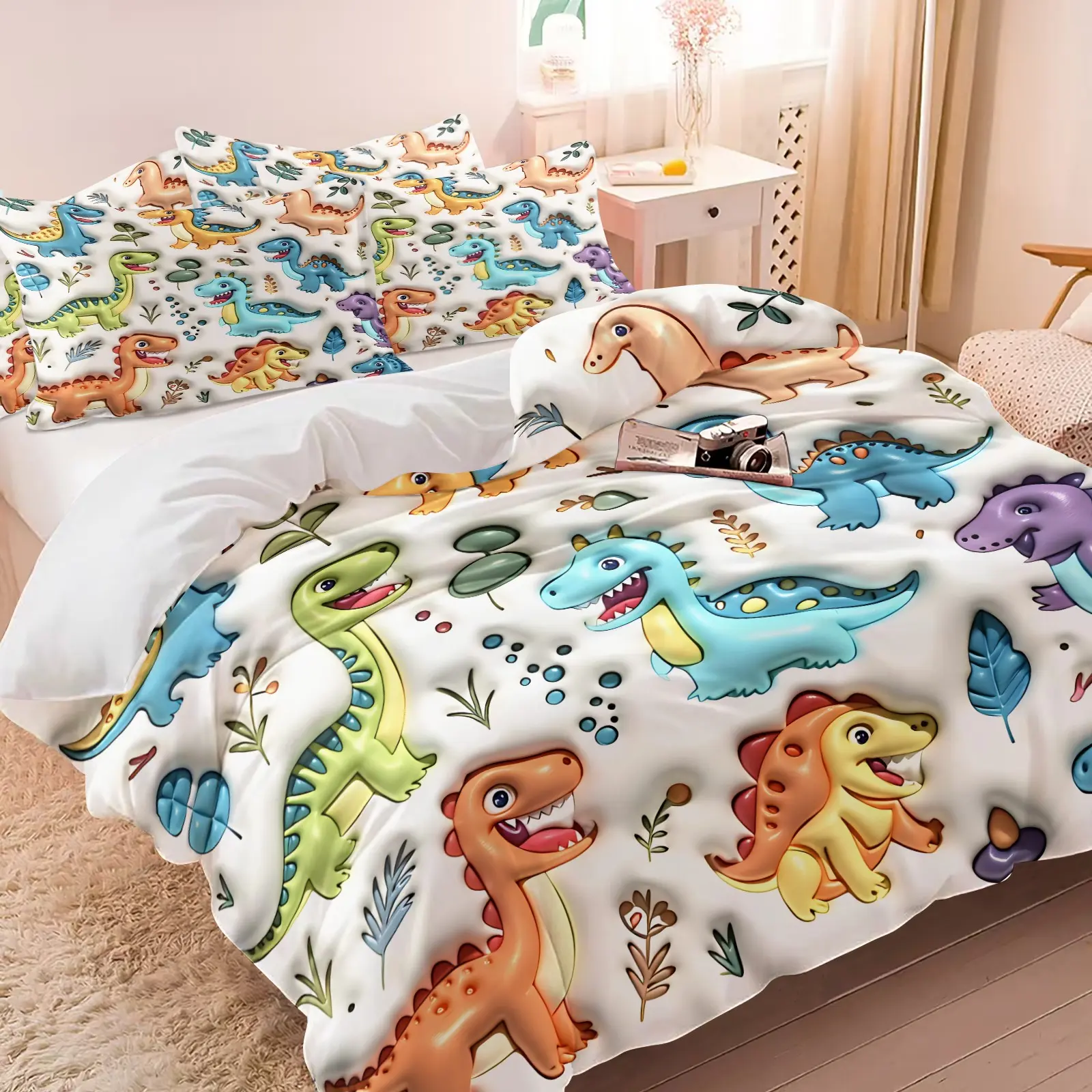 3PCS 3D Inflatable Cartoon Dinosaur Leaf Duvet Cover Set（1 Duvet Cover + 1-2 Coreless Pillowcases ), White Base Colorful Cute Dinosaur Plant Print, Soft Comfy All Seasons Summer Vibes Bedding Set,Ideal for Little Boys Toddler Bedroom Dorm Decor