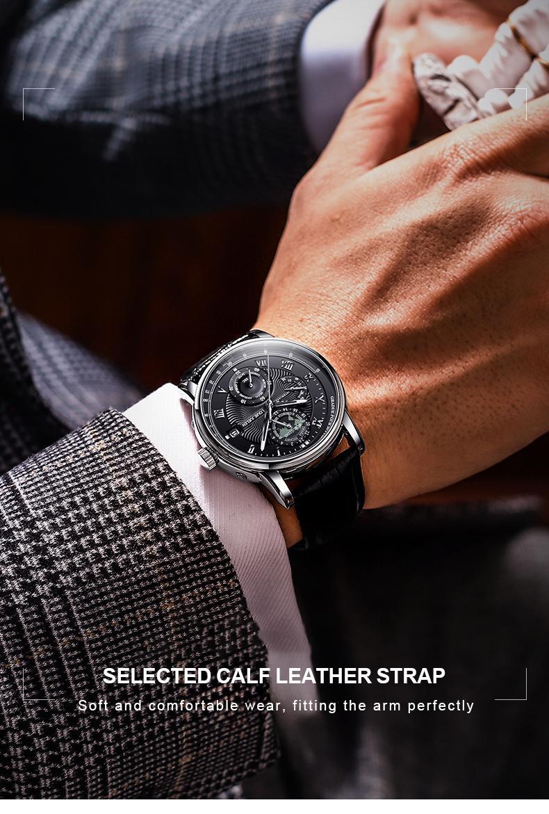 Men's Navigator high-end fashion watch: Swiss original movement, 42mm dial, leather strap, stainless steel case, waterproof luminous function, scratch and knock resistant, suitable for parties, business meetings, casual wear.