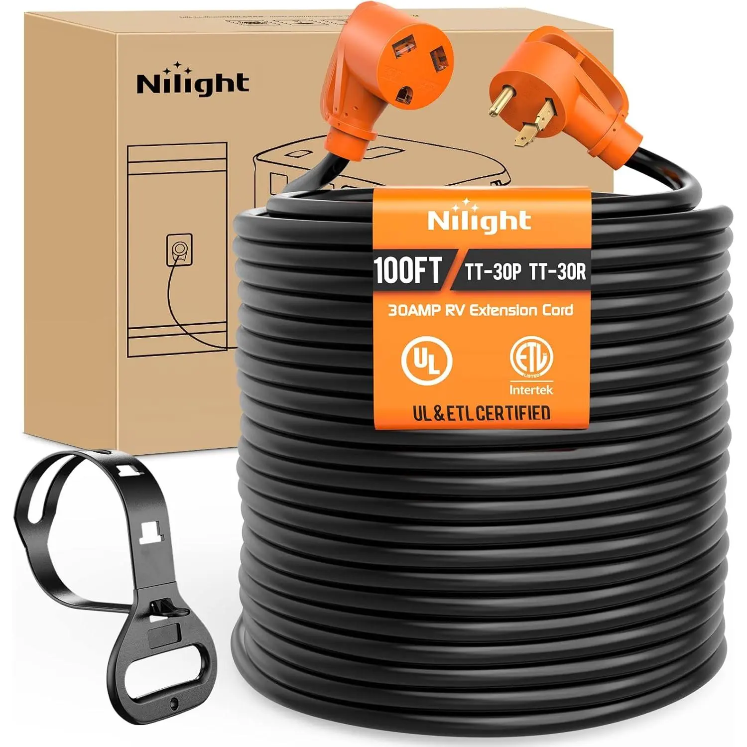 Nilight 30 Amp 100FT RV Extension Cord 125V Heavy Duty 10 Gauge Pure Copper STW Wire UL ETL Listed 3 Prong TT-30P TT-30R 30F/30M Weatherproof Suit for Camper Caravan Trailer, 100Ft Long