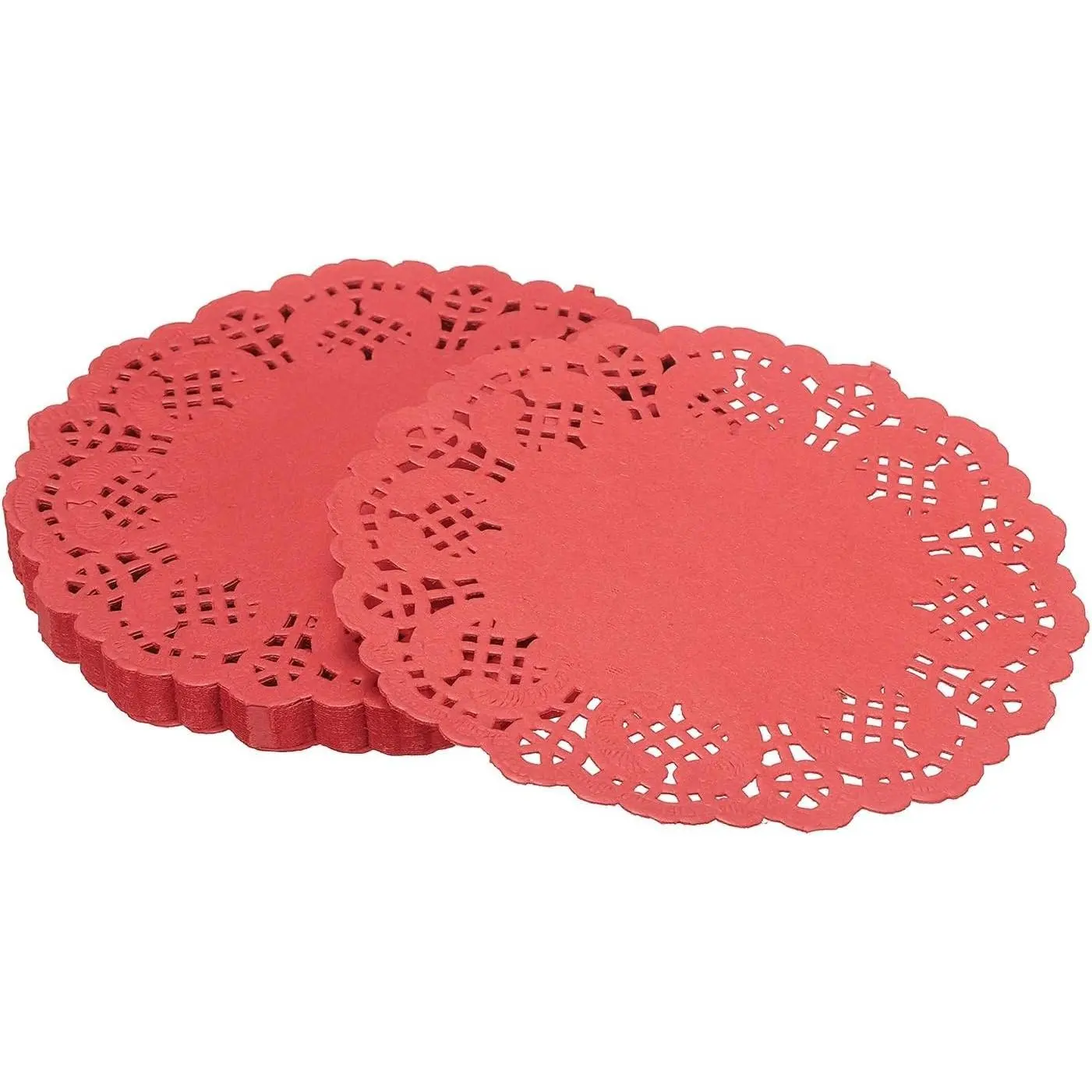 Paper Lace Doilies Disposable Round Decorative Placemats Bulk, 4.5 Inch for Cakes Desserts Crafts Baked Grilled Fried Food Tableware (50 Pack, Red)