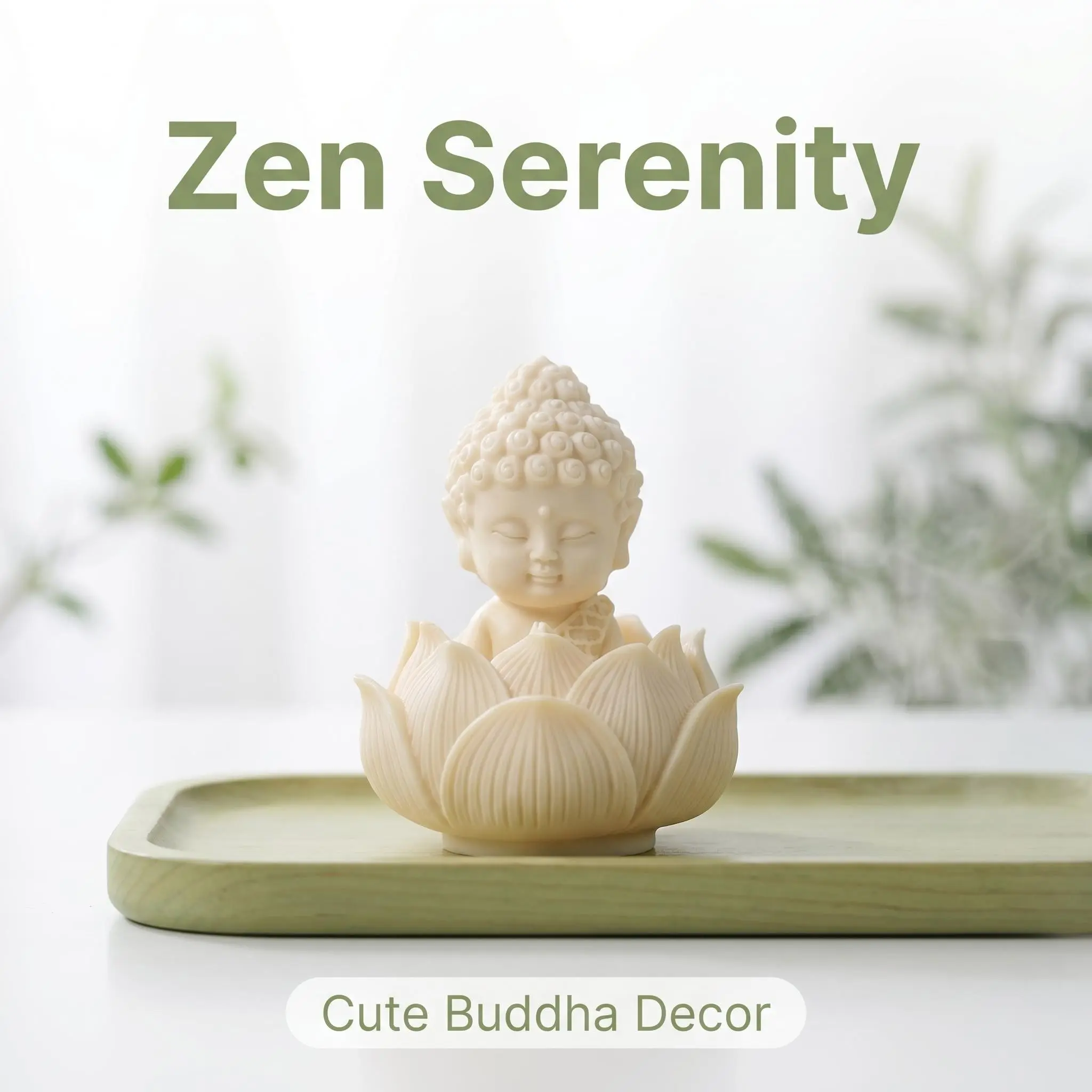 2‑Piece Oriental Kid‑Style Buddha Figurine Set, Pressed Ivory‑Nut Powder Carved Meditating Buddha Statue & Lotus‑Shaped Base, Calming Folk Desktop Ornament for Tea Room, Meditation Corner, Home Table Display & Gifting